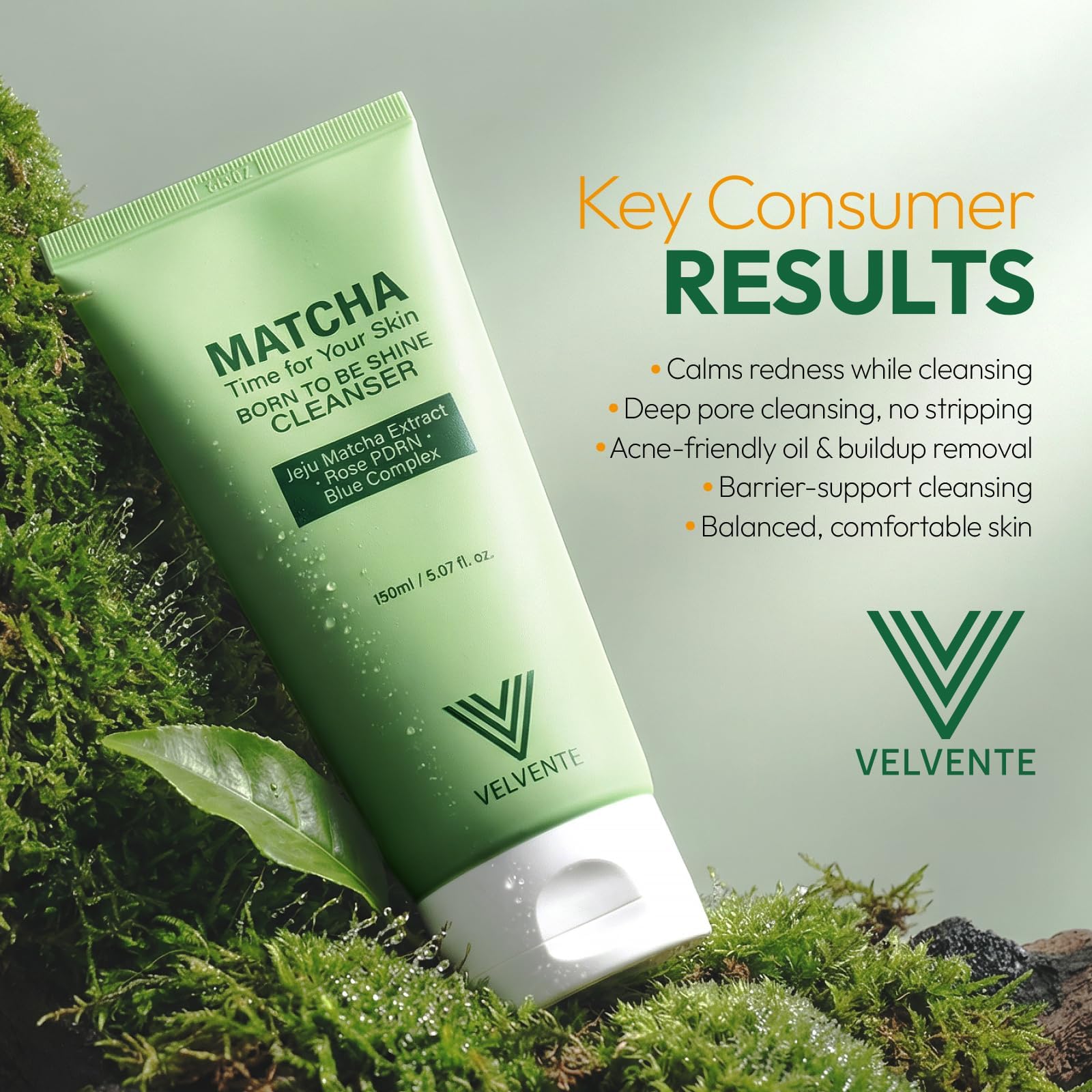VELVENTE Matcha Gentle Deep Pore Cleansing Facial Cleanser, Low-pH Face Wash for Pore Refining, Rose PDRN Hydrating Daily Facial Wash Redness & Sensitive Skin Friendly, Korean Skincare(5.07 fl.oz.) - Maple Wellness Supplements
