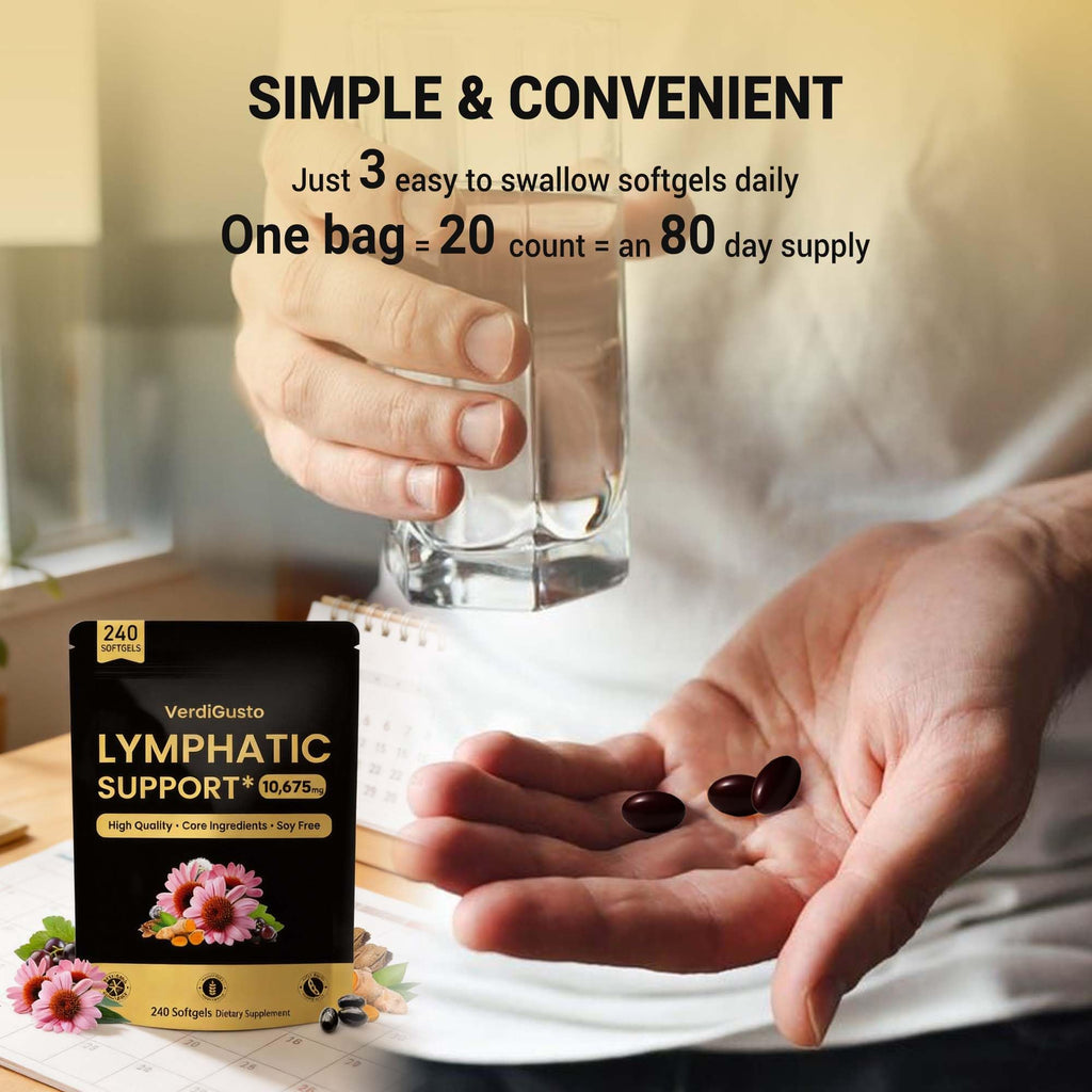 VerdiGusto 10,675mg Lymphatic Supplement | 25-in-1 Blend with Echinacea, Elderberry, Dandelion | 240 Softgels, 80 Day Supply | Lymph System Support | Soy Free, Non-GMO, Gluten Free - Maple Wellness Supplements