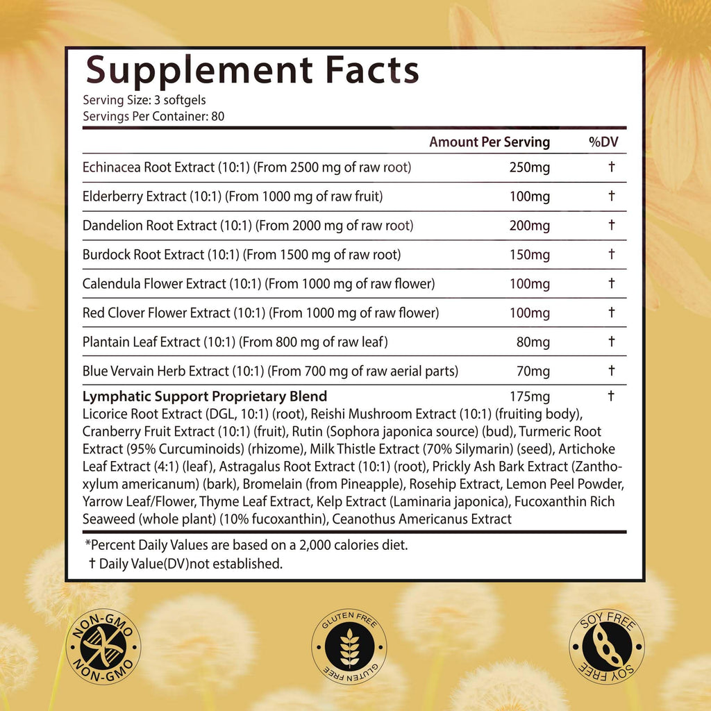 VerdiGusto 10,675mg Lymphatic Supplement | 25-in-1 Blend with Echinacea, Elderberry, Dandelion | 240 Softgels, 80 Day Supply | Lymph System Support | Soy Free, Non-GMO, Gluten Free - Maple Wellness Supplements