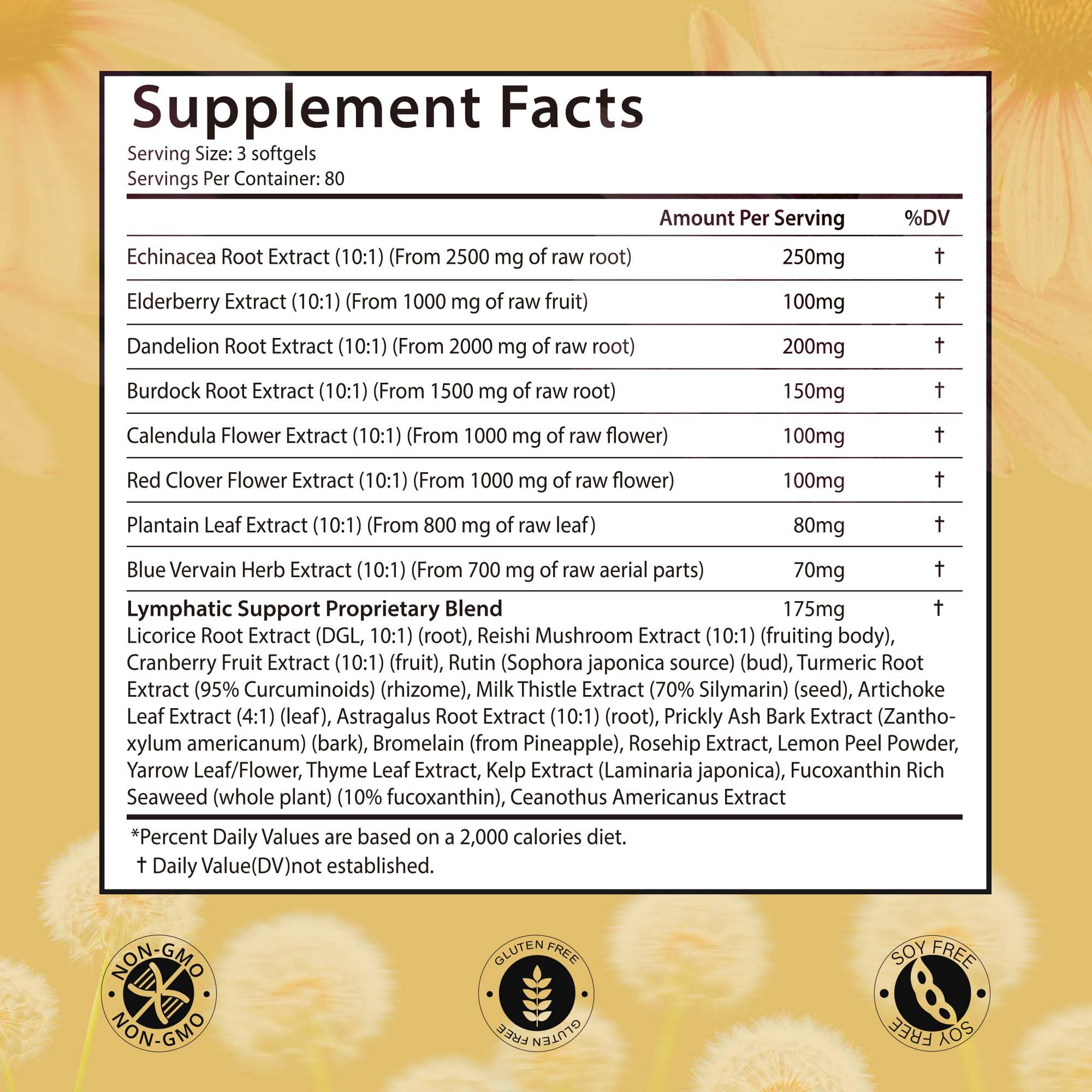 VerdiGusto 10,675mg Lymphatic Supplement | 25-in-1 Blend with Echinacea, Elderberry, Dandelion | 240 Softgels, 80 Day Supply | Lymph System Support | Soy Free, Non-GMO, Gluten Free - Maple Wellness Supplements