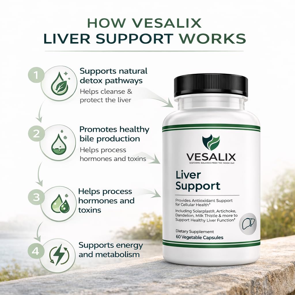 VESALIX Liver Support Supplement for Adults 40+ – Milk Thistle, Artichoke & Dandelion with Digestive Enzymes – Supports Digestion & Cellular Health – 60 Vegetarian Capsules - TrustMedUSA