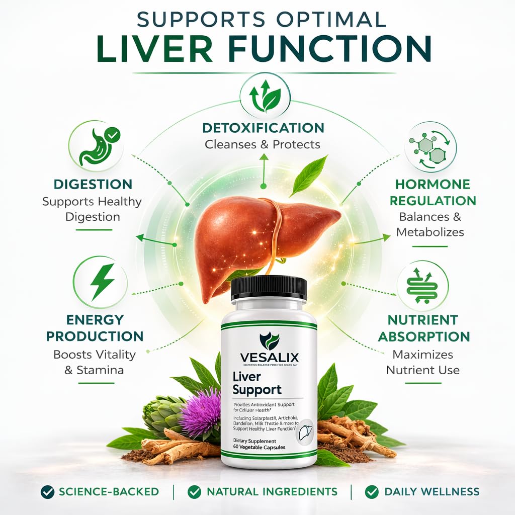 VESALIX Liver Support Supplement for Adults 40+ – Milk Thistle, Artichoke & Dandelion with Digestive Enzymes – Supports Digestion & Cellular Health – 60 Vegetarian Capsules - TrustMedUSA
