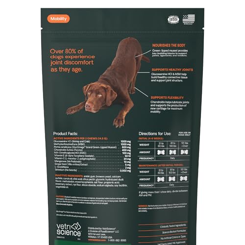 VetriScience Ultimate Strength Healthy Hip & Joint Chews, GlycoFlex Glucosamine, Chondroitin and Green-Lipped Mussel Joint Support Supplement for Dogs, Soothe Joint Discomfort, Duck, 120 Count - TrustMedUSA
