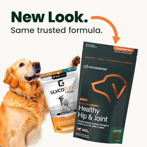 VetriScience Ultimate Strength Healthy Hip & Joint Chews, GlycoFlex Glucosamine, Chondroitin and Green-Lipped Mussel Joint Support Supplement for Dogs, Soothe Joint Discomfort, Duck, 120 Count - TrustMedUSA