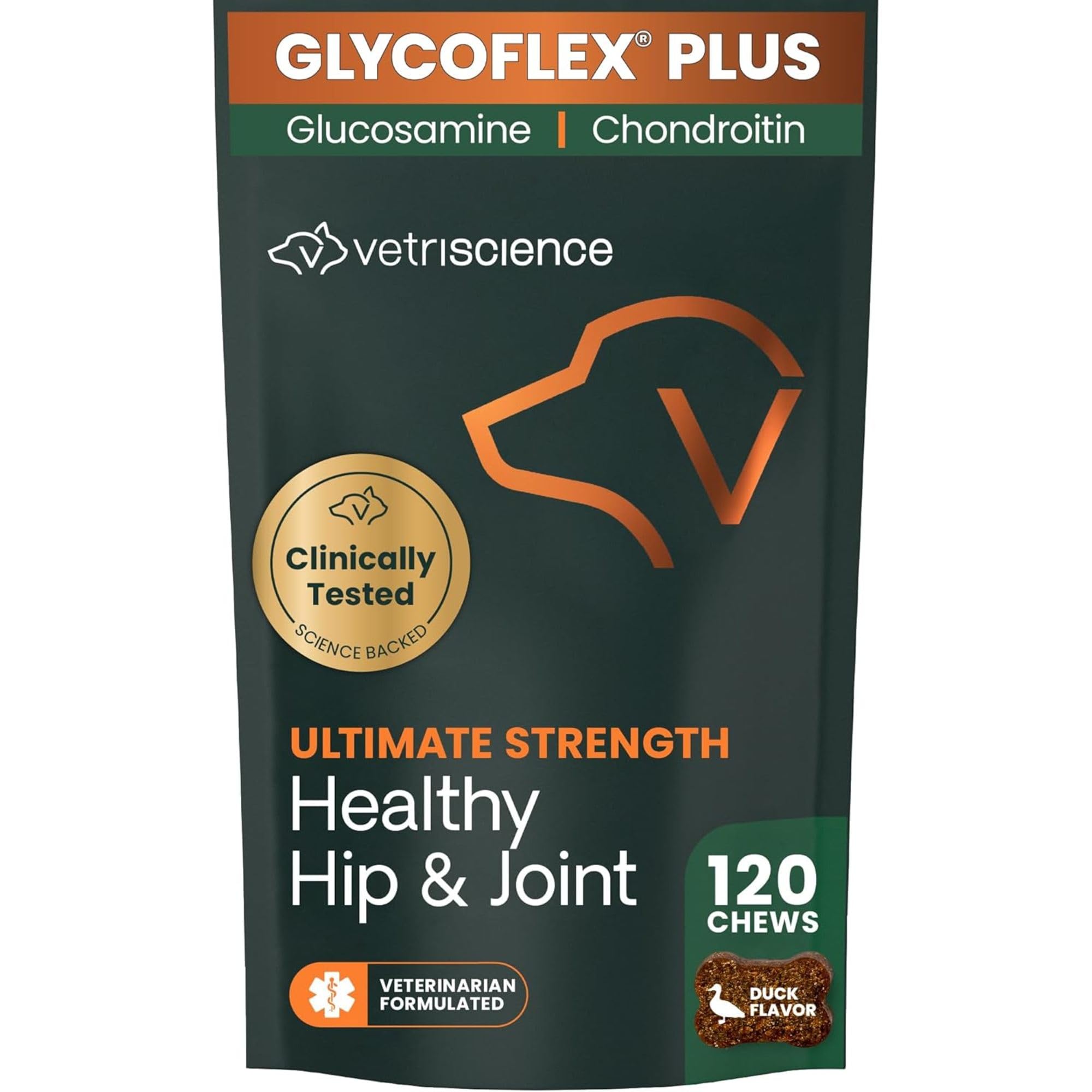 VetriScience Ultimate Strength Healthy Hip & Joint Chews, GlycoFlex Glucosamine, Chondroitin and Green-Lipped Mussel Joint Support Supplement for Dogs, Soothe Joint Discomfort, Duck, 120 Count - TrustMedUSA