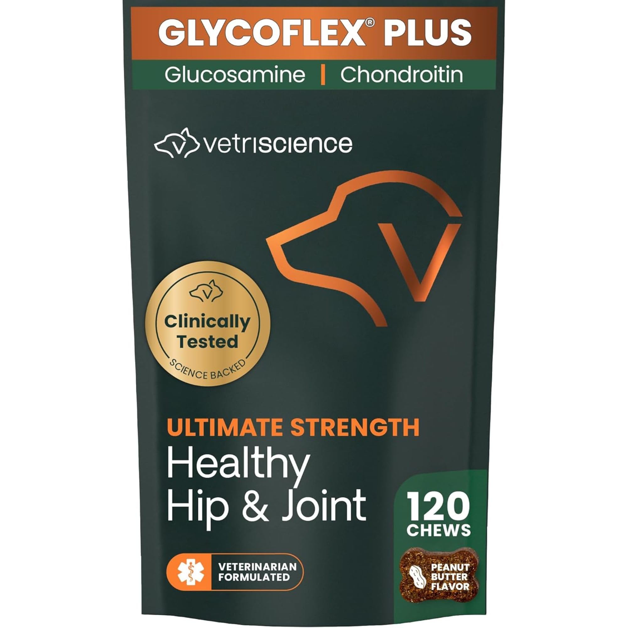 VetriScience Ultimate Strength Hip & Joint Supplement for Dogs, GlycoFlex Plus – MSM, Chondroitin & Green-Lipped Mussel Chews for Mobility, Flexibility, Comfort & Support, Peanut Butter Flavor 120 Cnt - TrustMedUSA