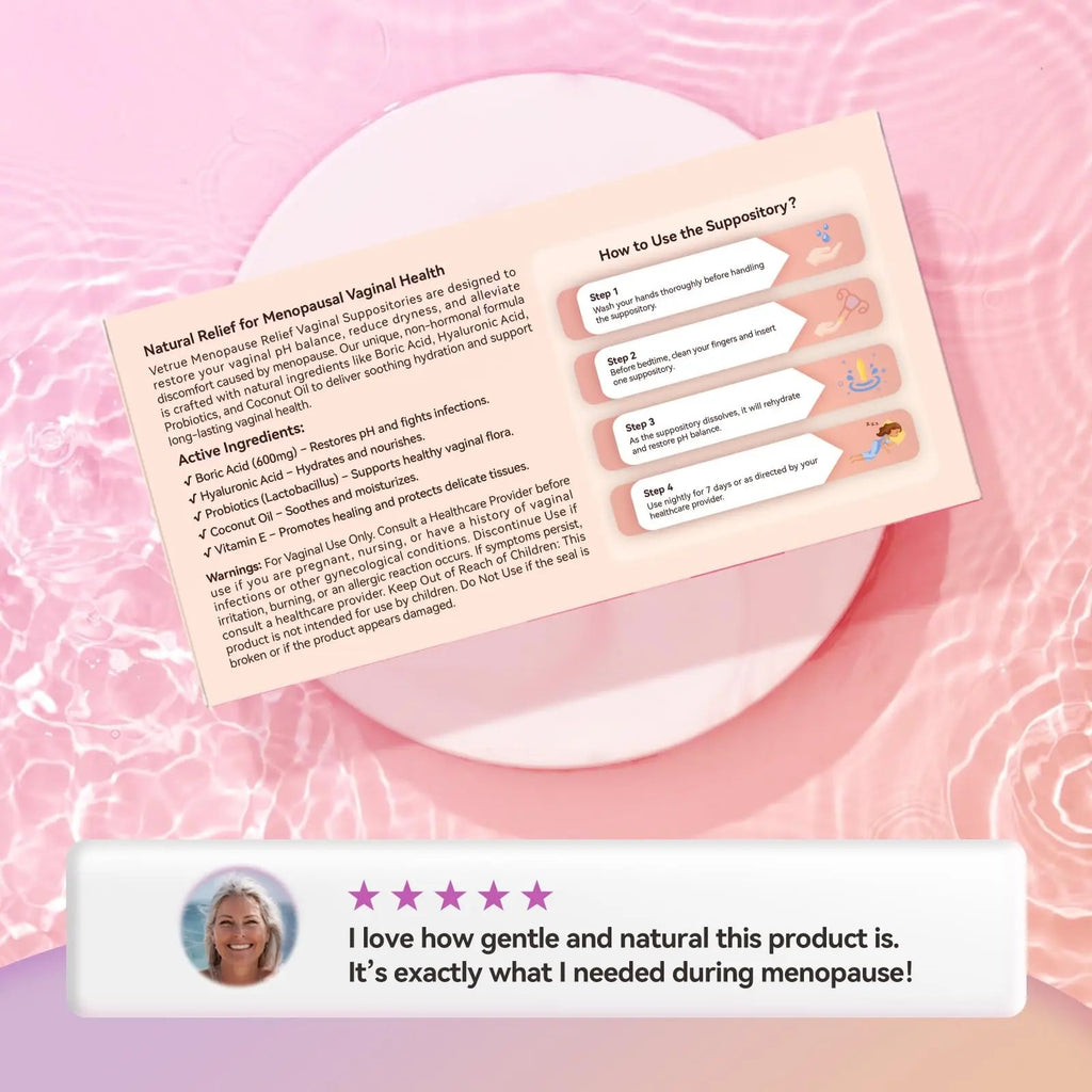 Vetrue Menopause Relief Vaginal Suppositories, Non-Hormonal, All-Natural Formula with Boric Acid, Hyaluronic Acid, Probiotics, Coconut Oil & Vitamin E, Soothes Vaginal Dryness & Discomfort(12 Inserts) - TrustMedUSA