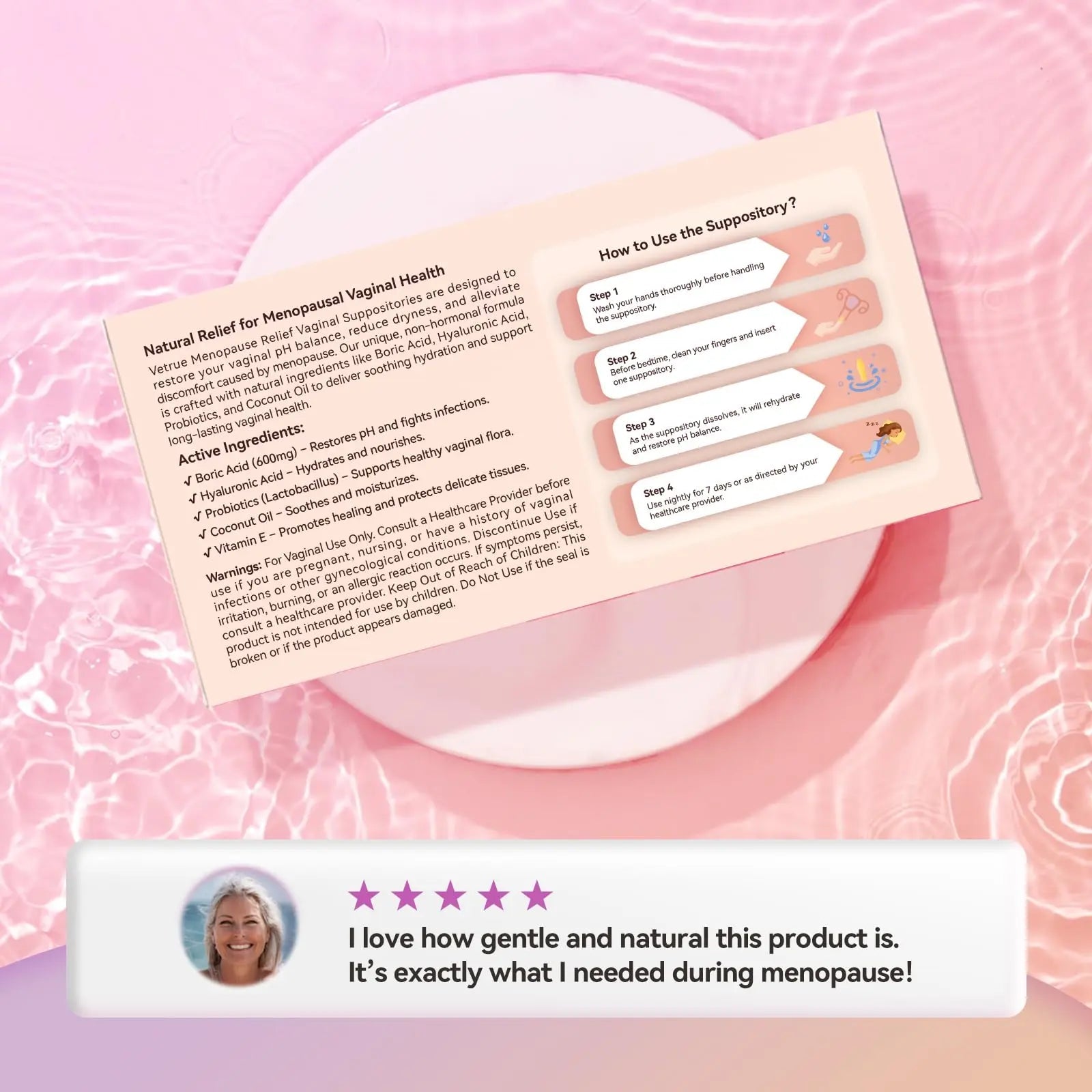 Vetrue Menopause Relief Vaginal Suppositories, Non-Hormonal, All-Natural Formula with Boric Acid, Hyaluronic Acid, Probiotics, Coconut Oil & Vitamin E, Soothes Vaginal Dryness & Discomfort(12 Inserts) - TrustMedUSA