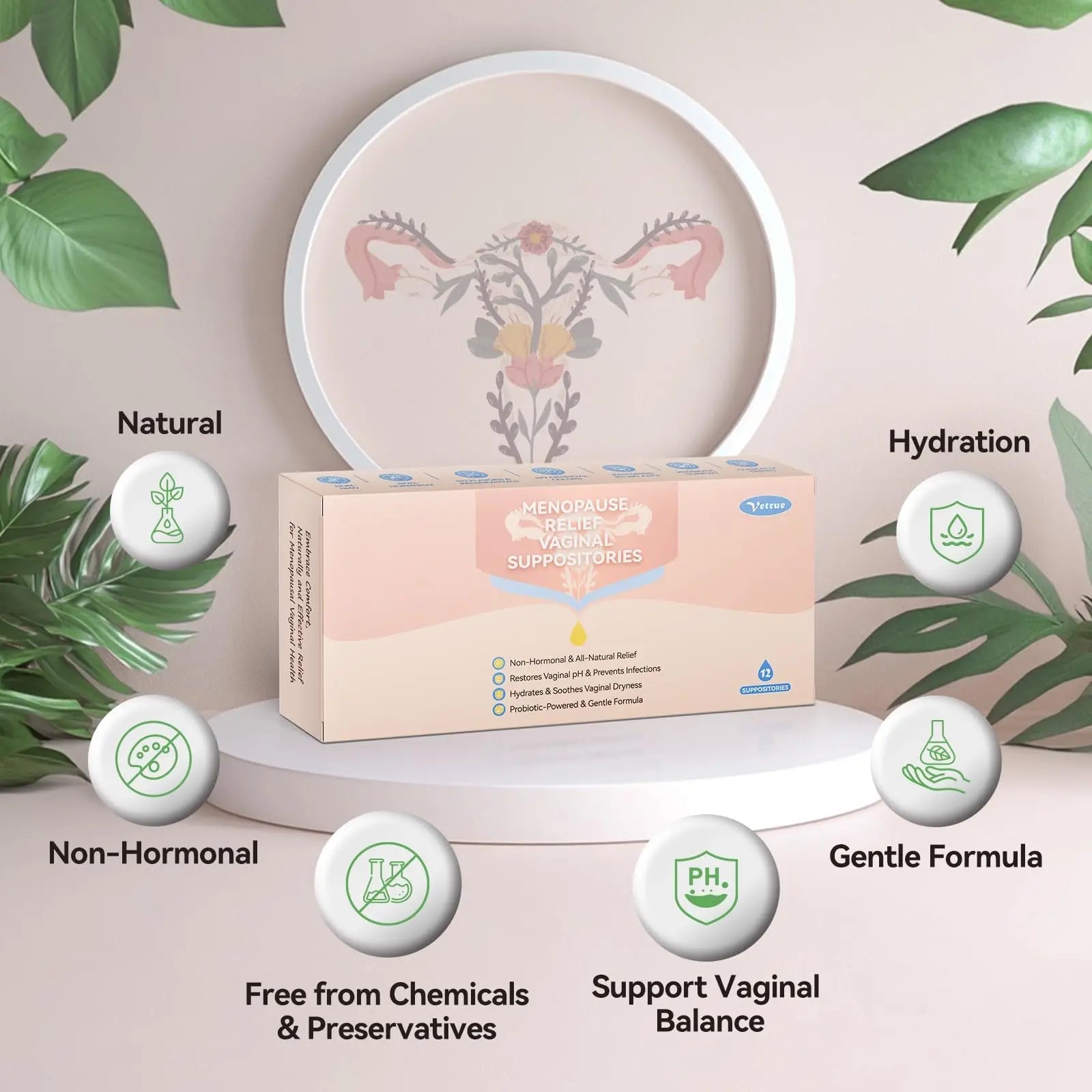 Vetrue Menopause Relief Vaginal Suppositories, Non-Hormonal, All-Natural Formula with Boric Acid, Hyaluronic Acid, Probiotics, Coconut Oil & Vitamin E, Soothes Vaginal Dryness & Discomfort(12 Inserts) - TrustMedUSA