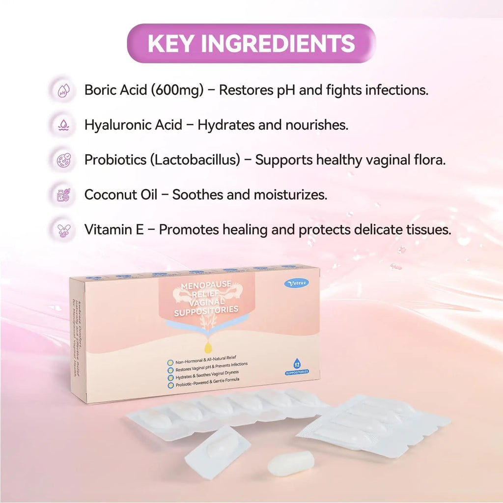 Vetrue Menopause Relief Vaginal Suppositories, Non-Hormonal, All-Natural Formula with Boric Acid, Hyaluronic Acid, Probiotics, Coconut Oil & Vitamin E, Soothes Vaginal Dryness & Discomfort(12 Inserts) - TrustMedUSA