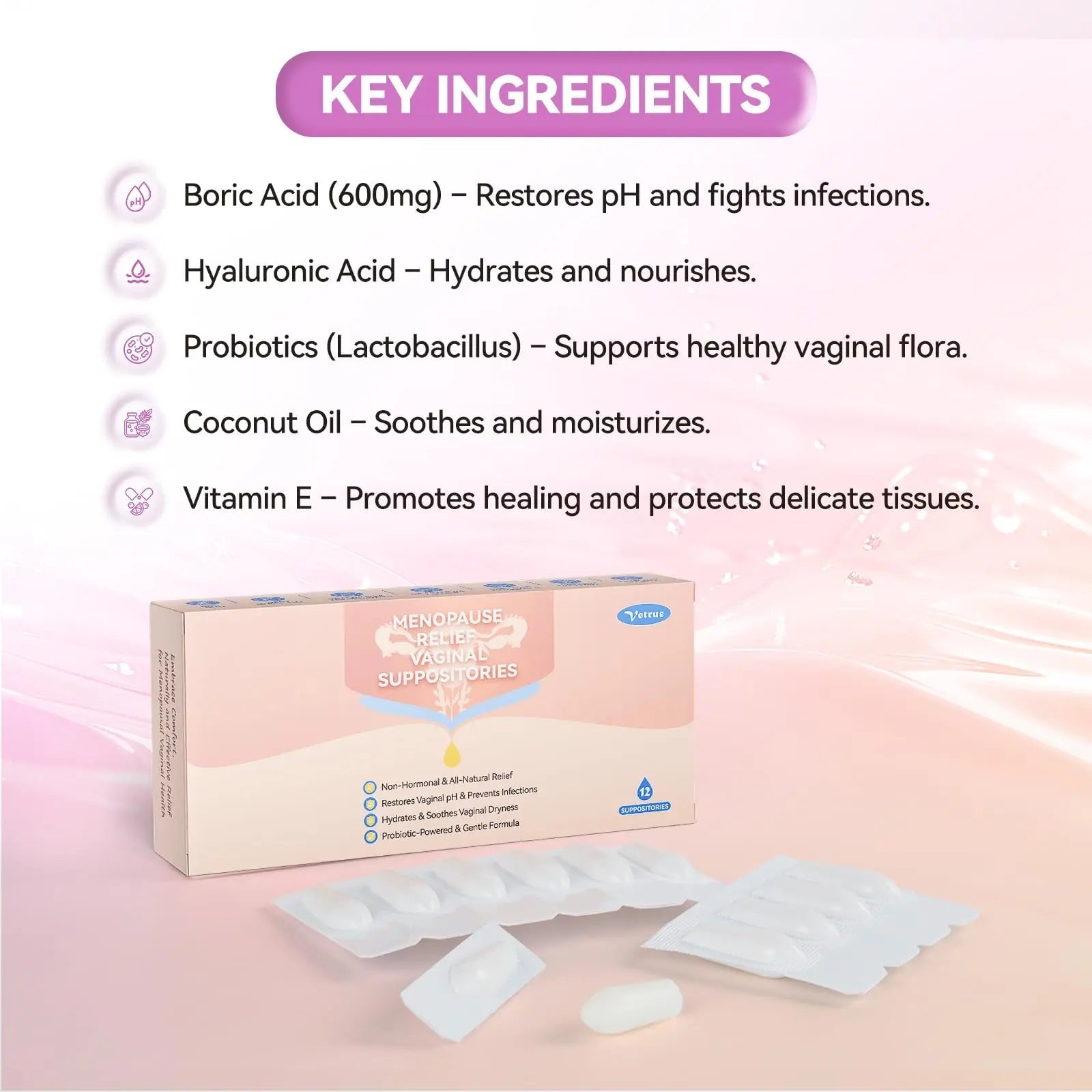 Vetrue Menopause Relief Vaginal Suppositories, Non-Hormonal, All-Natural Formula with Boric Acid, Hyaluronic Acid, Probiotics, Coconut Oil & Vitamin E, Soothes Vaginal Dryness & Discomfort(12 Inserts) - TrustMedUSA