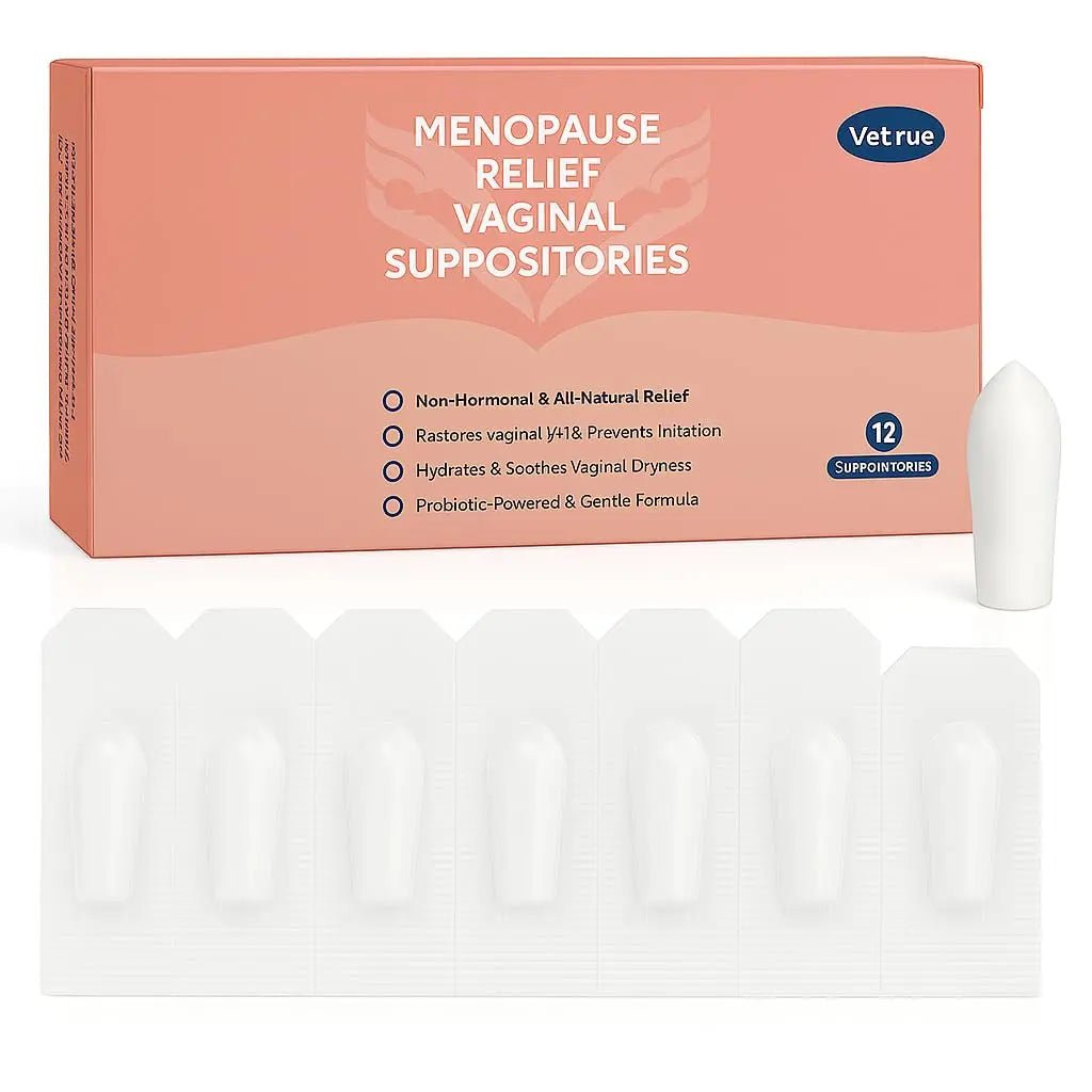 Vetrue Menopause Relief Vaginal Suppositories, Non-Hormonal, All-Natural Formula with Boric Acid, Hyaluronic Acid, Probiotics, Coconut Oil & Vitamin E, Soothes Vaginal Dryness & Discomfort(12 Inserts) - TrustMedUSA