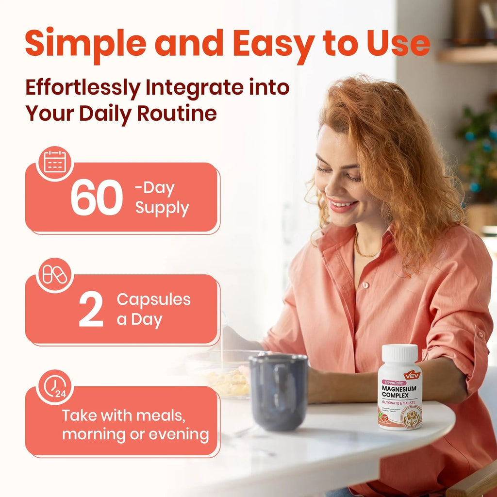 VEV Deep Calm Magnesium Complex for Women – Glycinate, Malate, B6, L-Theanine & Holy Basil – Support for Daily Magnesium & Stress Relief – 120 Vegan Capsules - TrustMedUSA