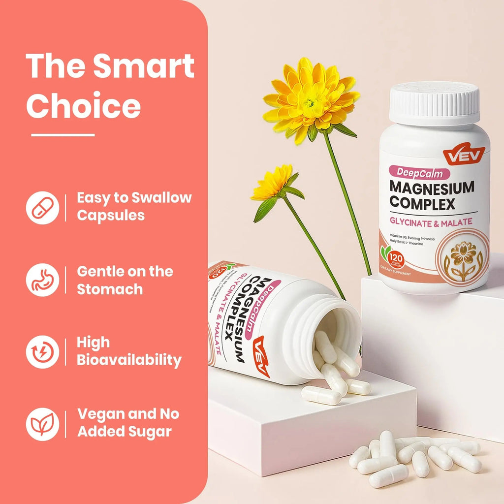 VEV Deep Calm Magnesium Complex for Women – Glycinate, Malate, B6, L-Theanine & Holy Basil – Support for Daily Magnesium & Stress Relief – 120 Vegan Capsules - TrustMedUSA