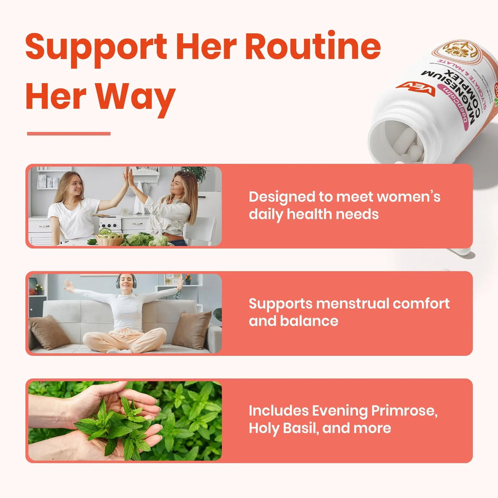 VEV Deep Calm Magnesium Complex for Women – Glycinate, Malate, B6, L-Theanine & Holy Basil – Support for Daily Magnesium & Stress Relief – 120 Vegan Capsules - TrustMedUSA