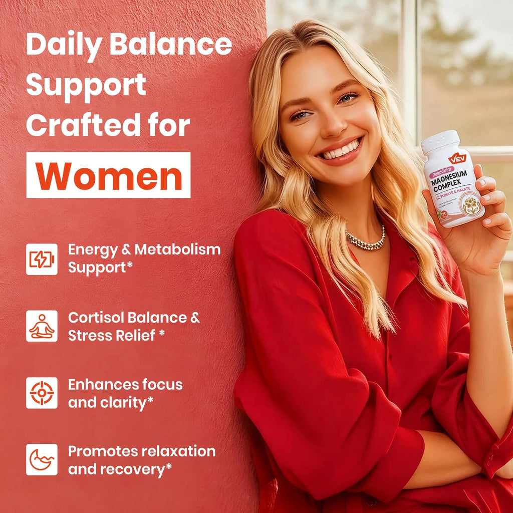 VEV Deep Calm Magnesium Complex for Women – Glycinate, Malate, B6, L-Theanine & Holy Basil – Support for Daily Magnesium & Stress Relief – 120 Vegan Capsules - TrustMedUSA
