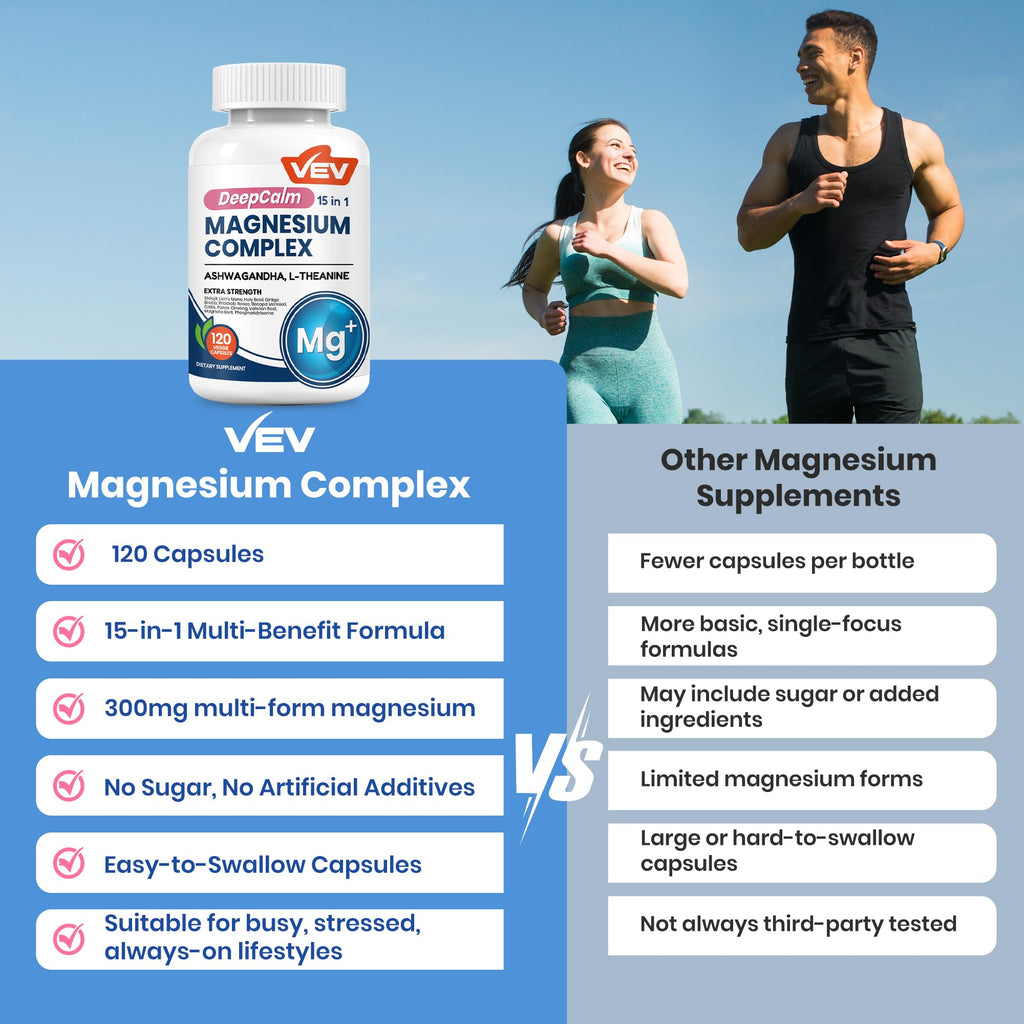VEV DeepCalm Magnesium Complex for Women – 15-in-1 Glycinate & Citrate Capsules with Ashwagandha & L-Theanine – 120 Vegan Capsules - TrustMedUSA
