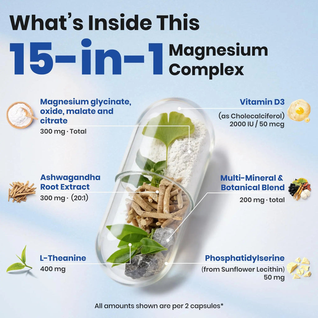 VEV DeepCalm Magnesium Complex for Women – 15-in-1 Glycinate & Citrate Capsules with Ashwagandha & L-Theanine – 120 Vegan Capsules - TrustMedUSA