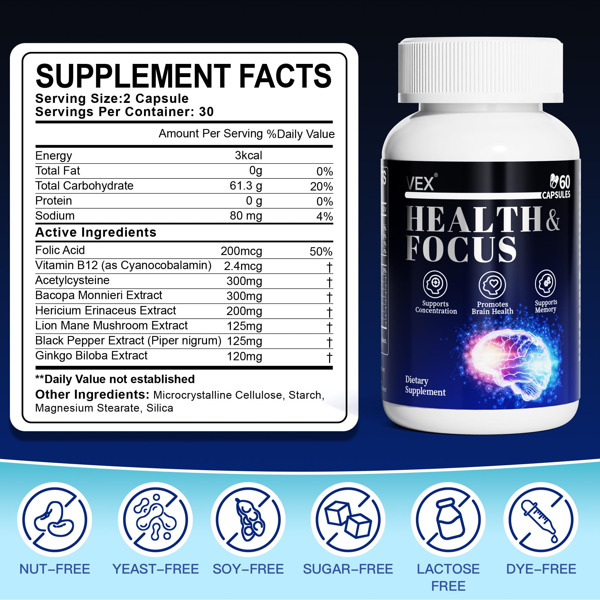 VEX Supplement – Memory & Clarity Support with Folic Acid, Vitamin B, Acetylcysteine, Bacopa Monnieri, Lion’s Mane, Ginkgo Biloba & Black Pepper – Cognitive, 60 Capsules - TrustMedUSA