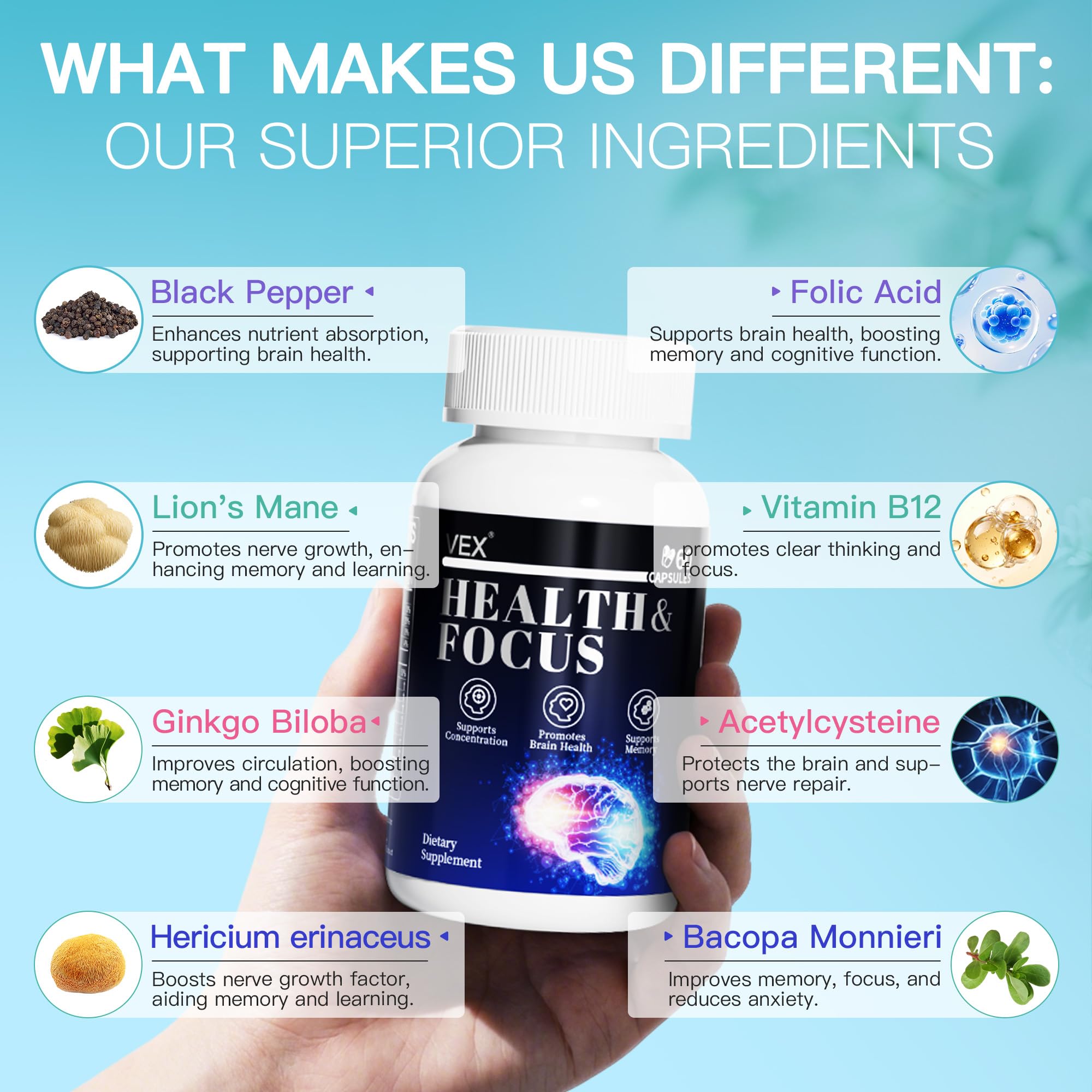VEX Supplement – Memory & Clarity Support with Folic Acid, Vitamin B, Acetylcysteine, Bacopa Monnieri, Lion’s Mane, Ginkgo Biloba & Black Pepper – Cognitive, 60 Capsules - TrustMedUSA