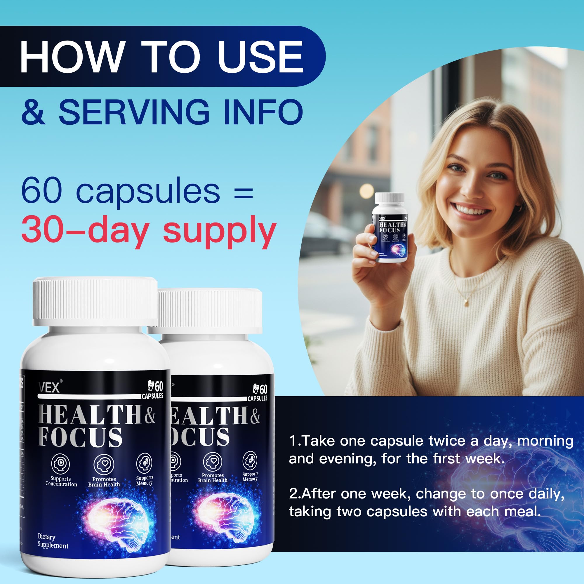 VEX Supplement – Memory & Clarity Support with Folic Acid, Vitamin B, Acetylcysteine, Bacopa Monnieri, Lion’s Mane, Ginkgo Biloba & Black Pepper – Cognitive, 60 Capsules - TrustMedUSA