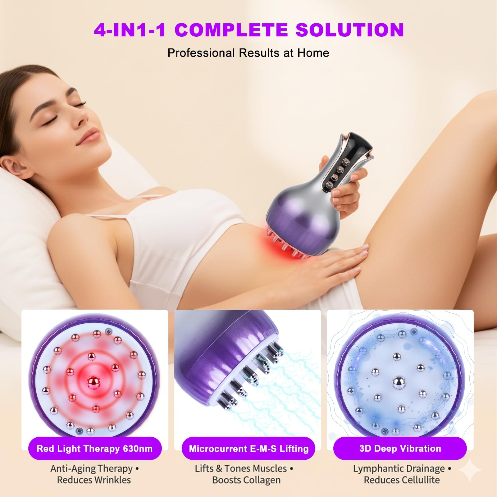 VEZURZO 4-in-1 Lymphatic Drainage Massager & Cellulite Massage Tool, 35-Speed Fascia Blaster for Body Sculpting Pain Relief Face Legs Arms Belly Neck, 90Min Battery Wireless Portable - Maple Wellness Supplements