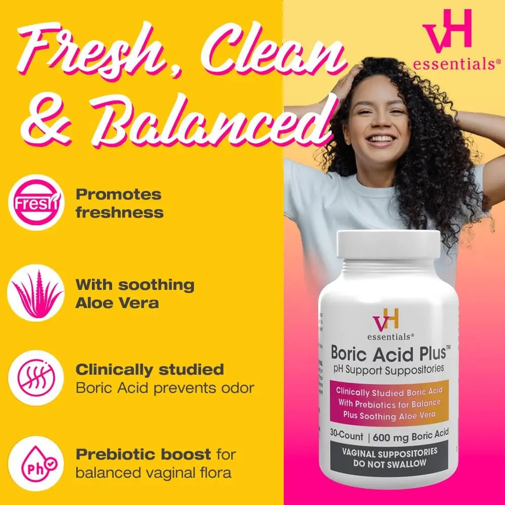 vH Essentials Boric Acid Plus Vaginal Suppositories, Prebiotic Infused with Soothing Aloe Vera, pH Support Formula Fights Odor and Promotes Freshness, 600mg Boric Acid, 30 Count - TrustMedUSA