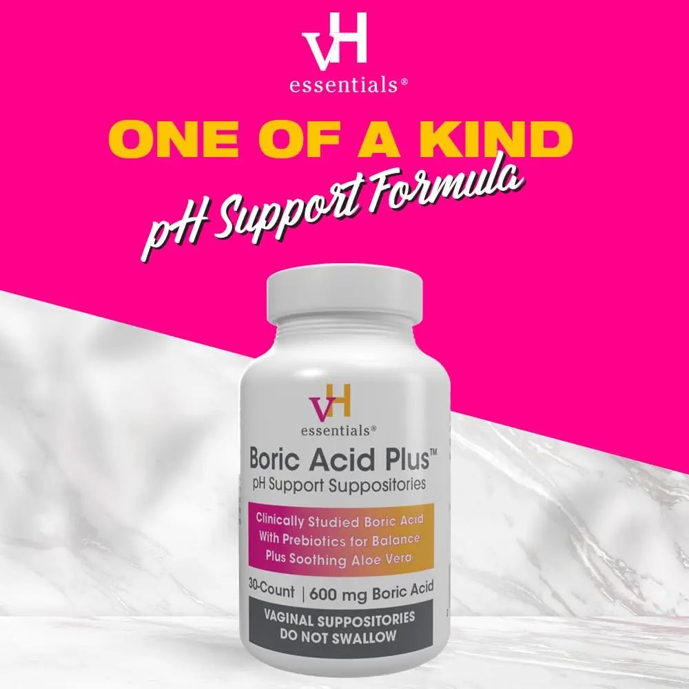 vH Essentials Boric Acid Plus Vaginal Suppositories, Prebiotic Infused with Soothing Aloe Vera, pH Support Formula Fights Odor and Promotes Freshness, 600mg Boric Acid, 30 Count - TrustMedUSA