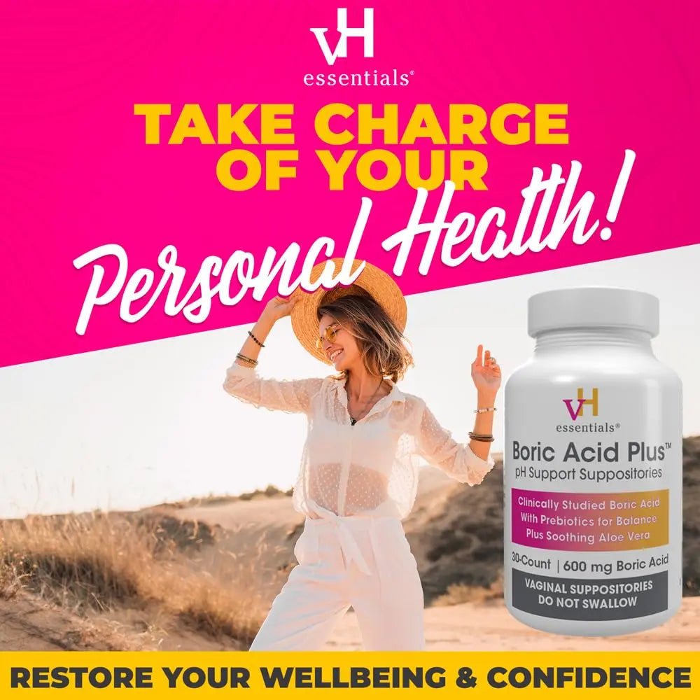 vH Essentials Boric Acid Plus Vaginal Suppositories, Prebiotic Infused with Soothing Aloe Vera, pH Support Formula Fights Odor and Promotes Freshness, 600mg Boric Acid, 30 Count - TrustMedUSA