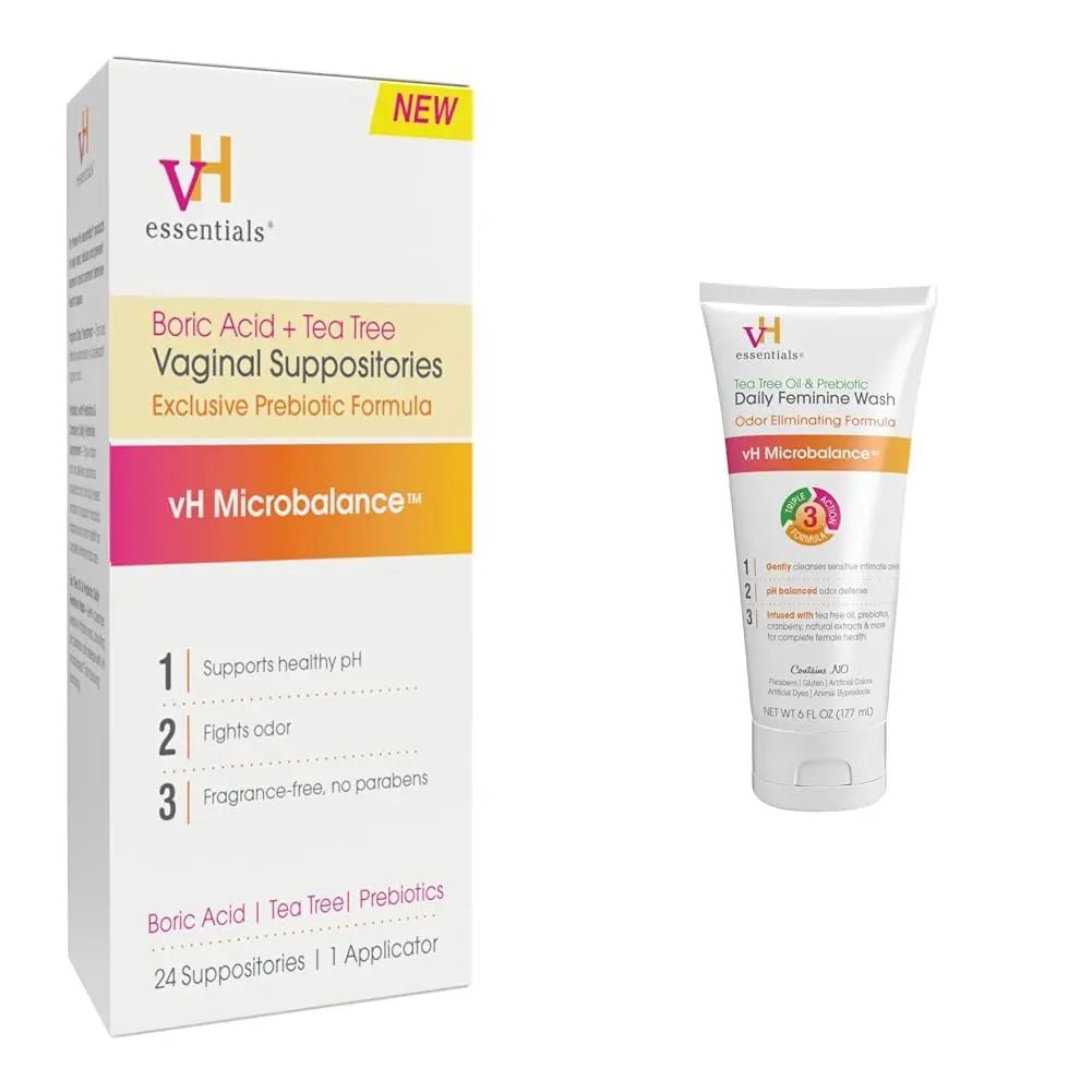 vH essentials Vaginal Health Bundle - Boric Acid + Tea Tree Suppositories (24 Count) + Tea Tree & Prebiotic Feminine Wash (6 Fl Oz) - TrustMedUSA