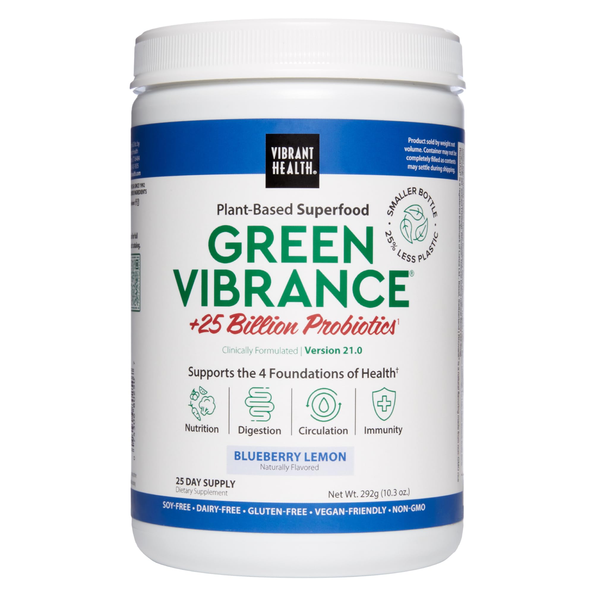 Vibrant Health, Green Vibrance, Superfoods Powder with 70+ Plant-Based Whole Foods & 25 Billion Probiotics Per Serving, Blueberry Lemon, 25 Servings - TrustMedUSA
