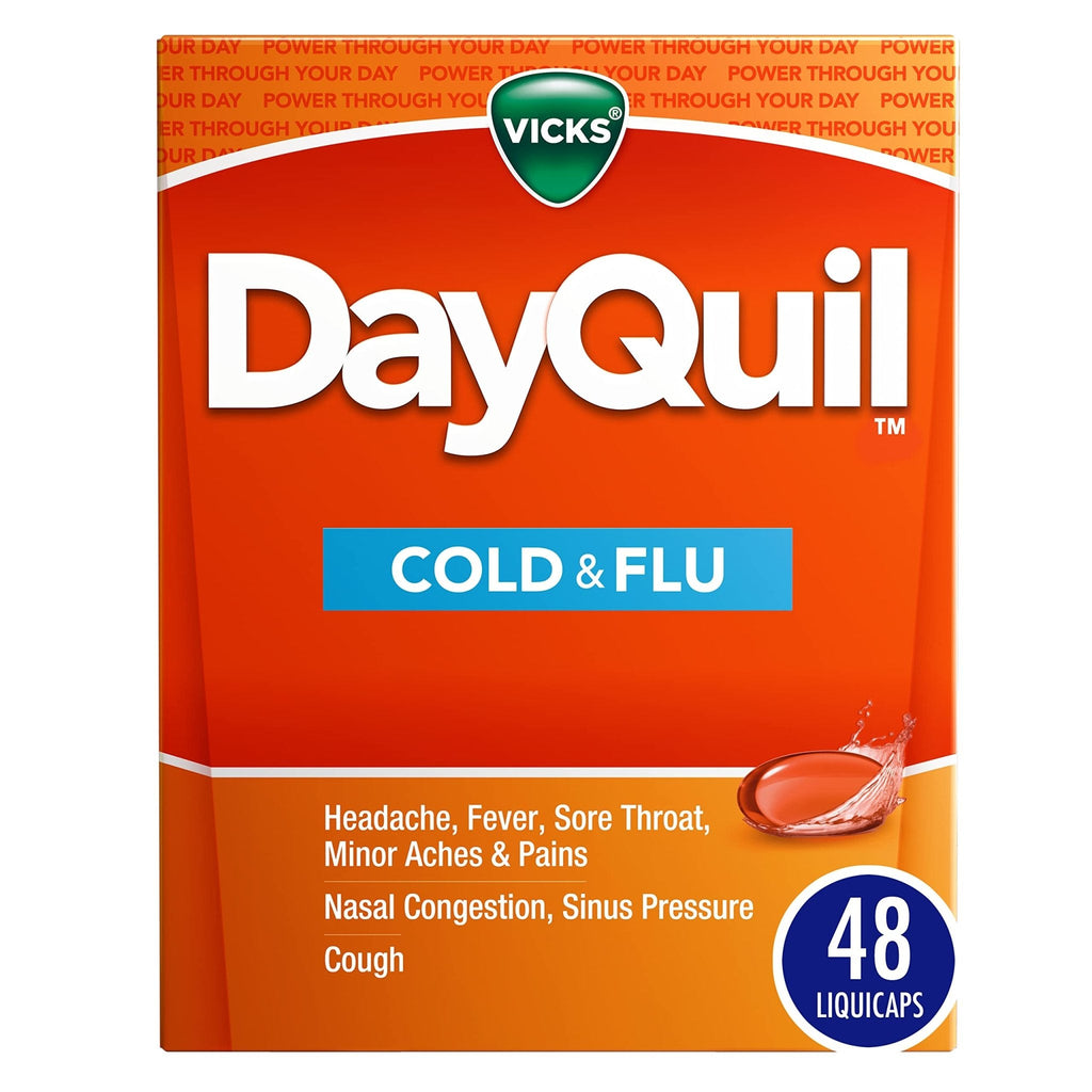 Vicks DayQuil Cold & Flu Medicine, Non-Drowsy Powerful Multi-Symptom Daytime Relief for Headache, Fever, Sore Throat, Minor Aches and Pains, Nasal Congestion, Sinus Pressure and Cough, 48 Liquicaps - Maple Wellness Supplements
