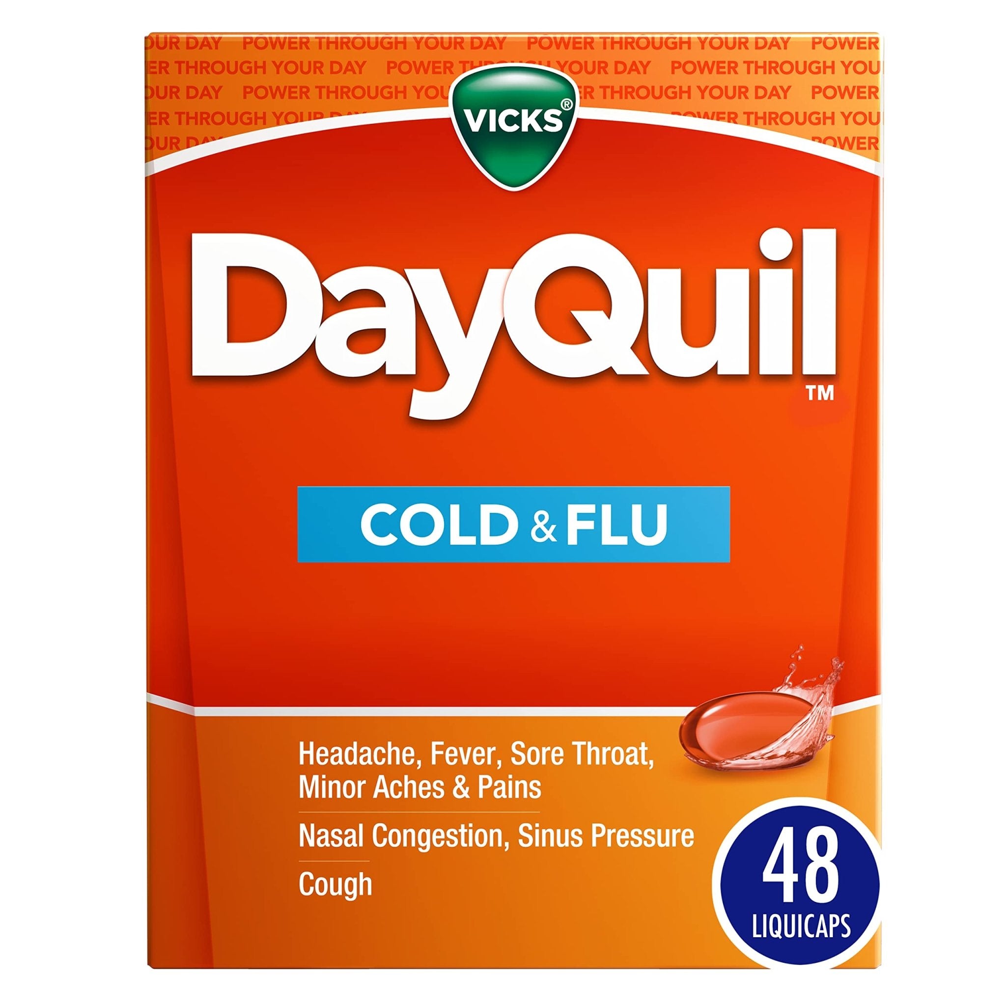 Vicks DayQuil Cold & Flu Medicine, Non-Drowsy Powerful Multi-Symptom Daytime Relief for Headache, Fever, Sore Throat, Minor Aches and Pains, Nasal Congestion, Sinus Pressure and Cough, 48 Liquicaps - Maple Wellness Supplements