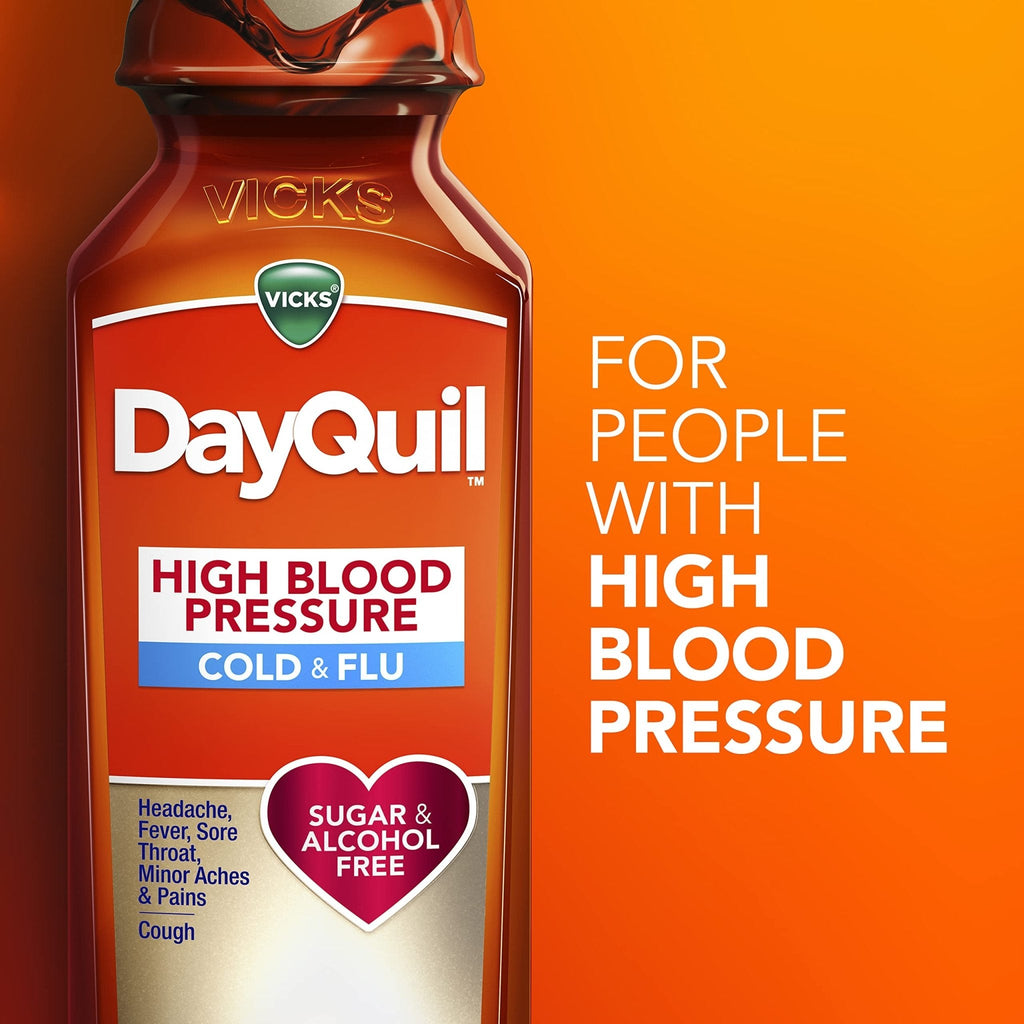VICKS DayQuil & NyQuil High Blood Pressure Cold & Flu Relief Liquid Medicine Co-Pack, Powerful Multi-Symptom Daytime & Nighttime Relief for Cold, Cough, and Flu Symptoms, Sugar & Alcohol Free, 2x8oz - Maple Wellness Supplements