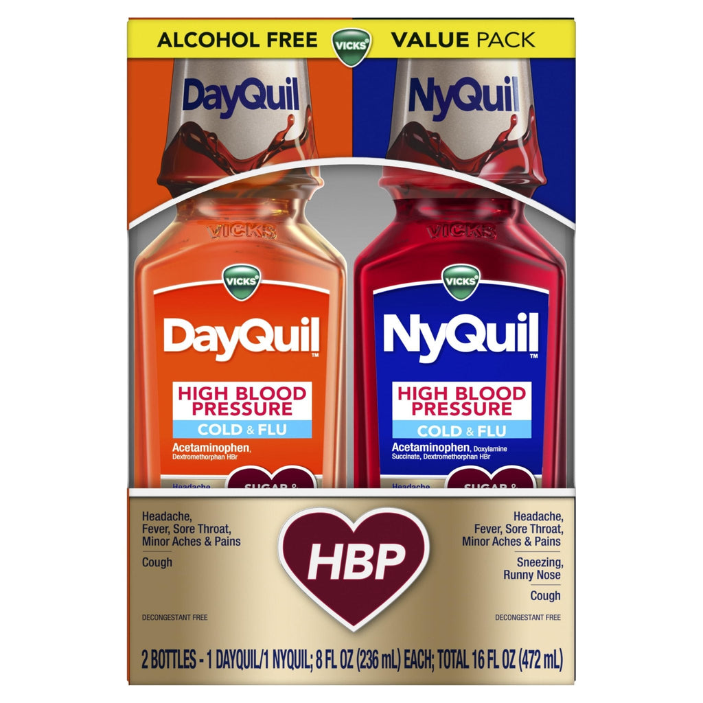 VICKS DayQuil & NyQuil High Blood Pressure Cold & Flu Relief Liquid Medicine Co-Pack, Powerful Multi-Symptom Daytime & Nighttime Relief for Cold, Cough, and Flu Symptoms, Sugar & Alcohol Free, 2x8oz - Maple Wellness Supplements
