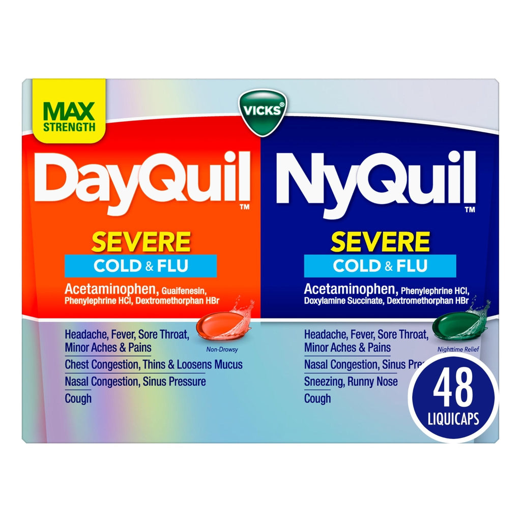 Vicks Dayquil & Nyquil Severe Co-Pack, Cold & Flu Medicine, Powerful Relief For Headache, Fever, Sore Throat, Minor Aches & Pains, Congestion, Sinus Pressure, Stuffy Nose, And Cough, 48 Liquicaps - Maple Wellness Supplements