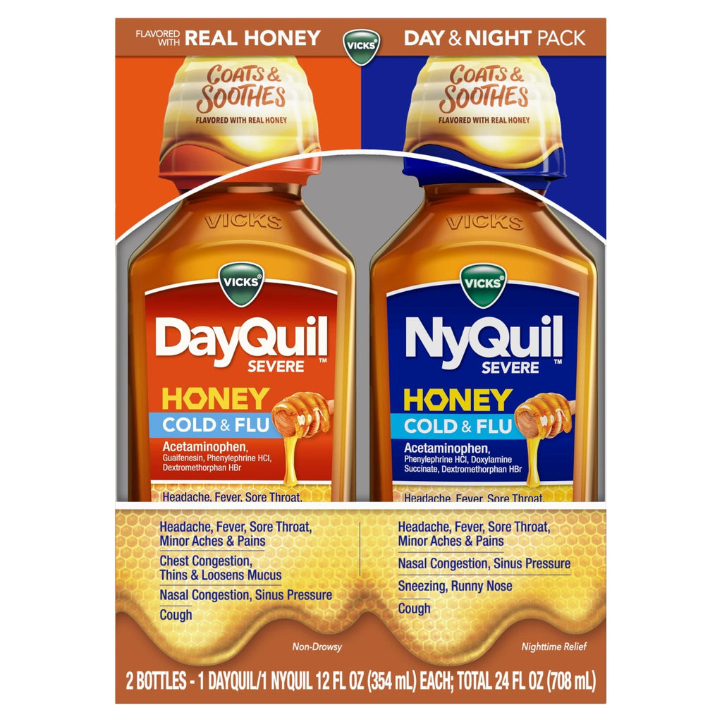 Vicks Dayquil & Nyquil Severe Honey Flavor Co-Pack, Cold & Flu Medicine, Relieves Headache, Fever, Sore Throat, Minor Aches & Pains, Nasal Congestion, Sinus Pressure, Stuffy Nose, And Cough, 2X12Oz - Maple Wellness Supplements