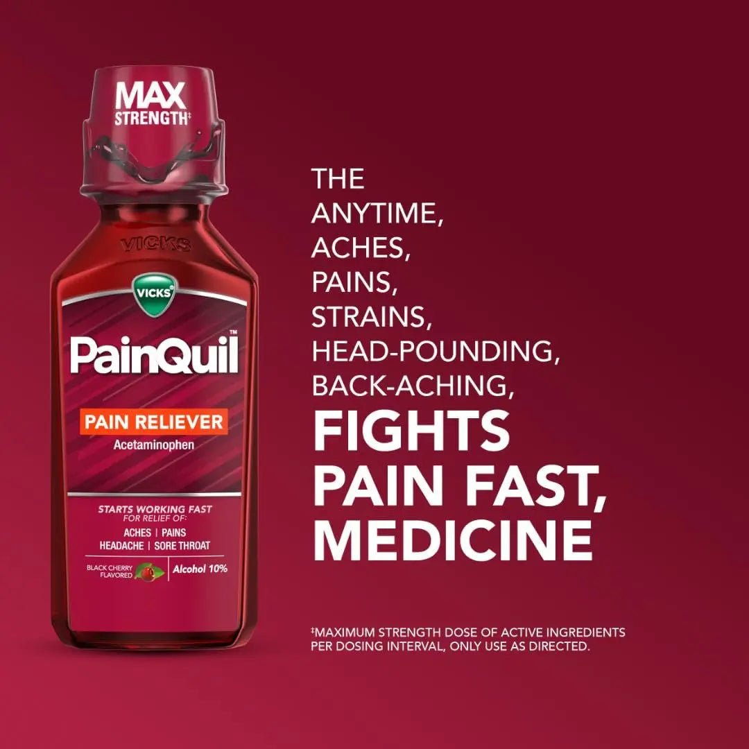 Vicks PainQuil Pain Relief Acetaminophen 1000mg Max Strength‡ Adult Pain Reliever Liquid 12oz, Backache Headache Relief, 1 Daytime Pain Reliever - TrustMedUSA