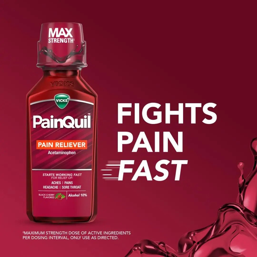 Vicks PainQuil Pain Relief Acetaminophen 1000mg Max Strength‡ Adult Pain Reliever Liquid 12oz, Backache Headache Relief, 1 Daytime Pain Reliever - TrustMedUSA