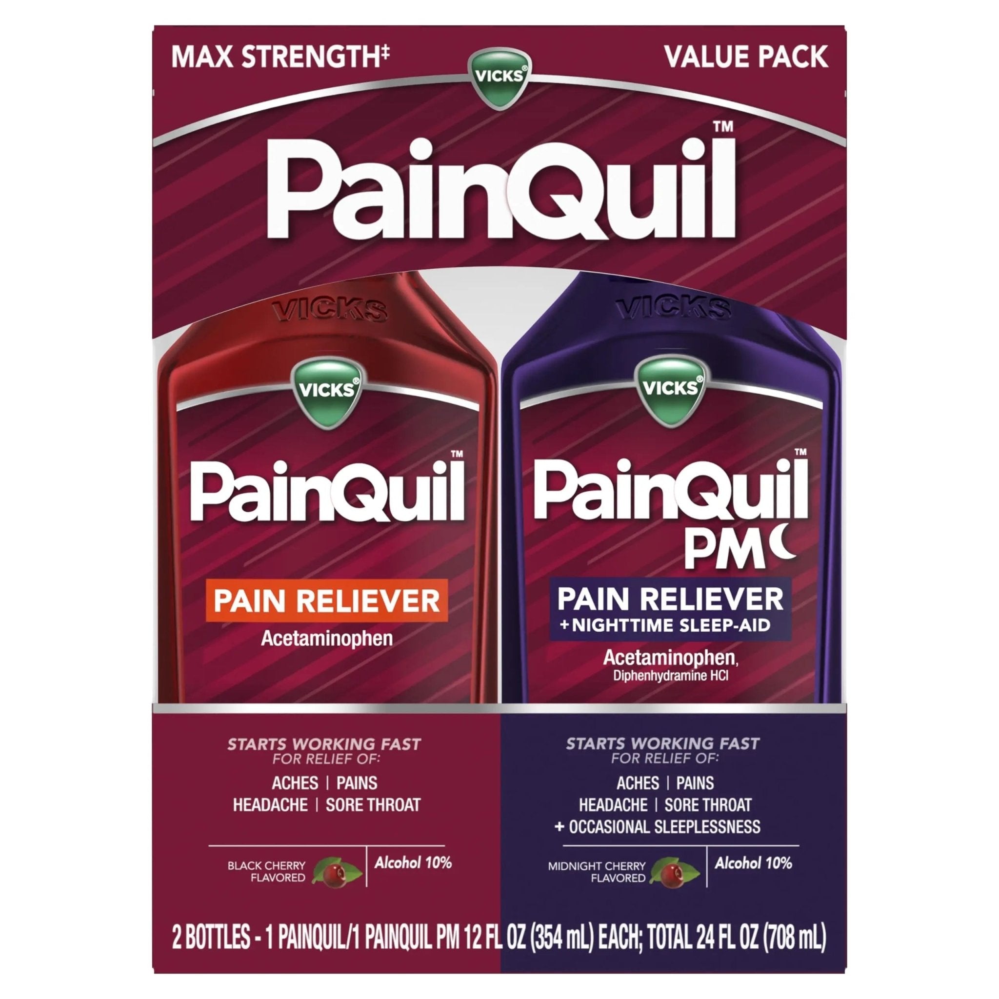 Vicks PainQuil & PainQuil PM Pain Relief Liquid, 1000mg Acetaminophen, 2x12 oz - TrustMedUSA