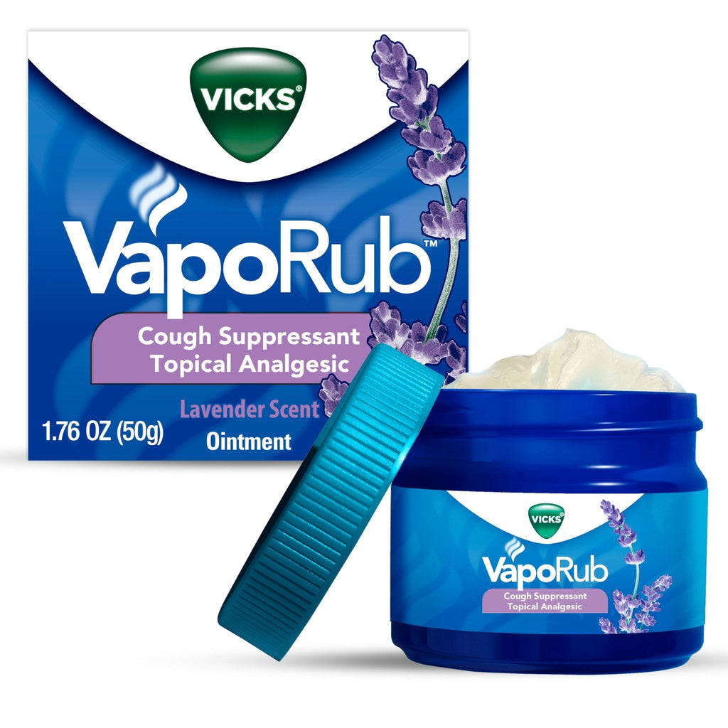 Vicks VapoRub, Lavender Scent, Cough Suppressant, Topical Chest Rub & Analgesic Ointment, Medicated Vicks Vapors, Relief from Cough Due to Cold, Aches & Pains, 1.76oz - Maple Wellness Supplements