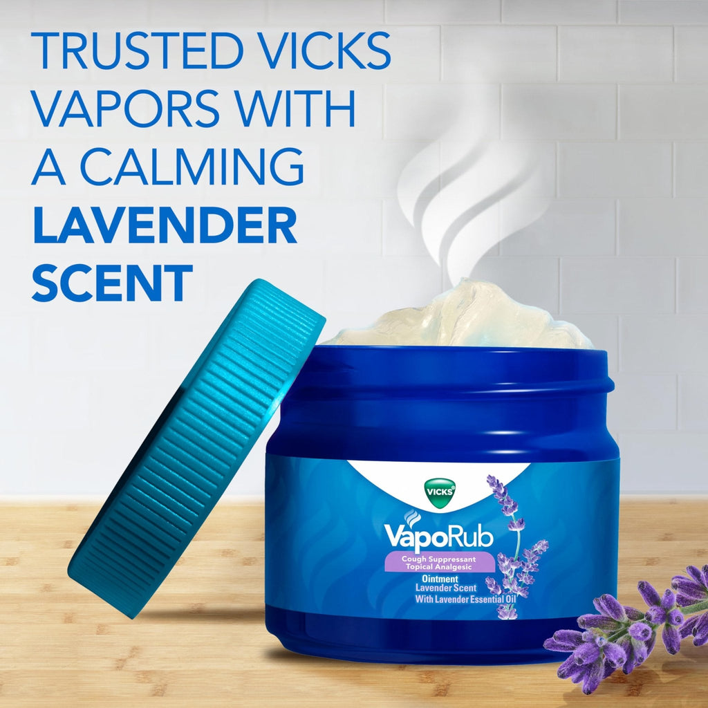 Vicks VapoRub, Lavender Scent, Cough Suppressant, Topical Chest Rub & Analgesic Ointment, Medicated Vicks Vapors, Relief from Cough Due to Cold, Aches & Pains, 1.76oz - Maple Wellness Supplements