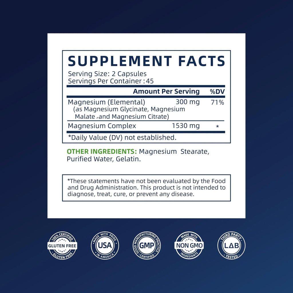 Vicwell Triple Magnesium Complex - 300mg Magnesium from Malate, Glycinate, and Citrate - Supports Stress Relief & Sleep, Nerves & Metabolism, Muscle Relaxation & Bone Health - 90 Capsules(1 Bottle) - TrustMedUSA