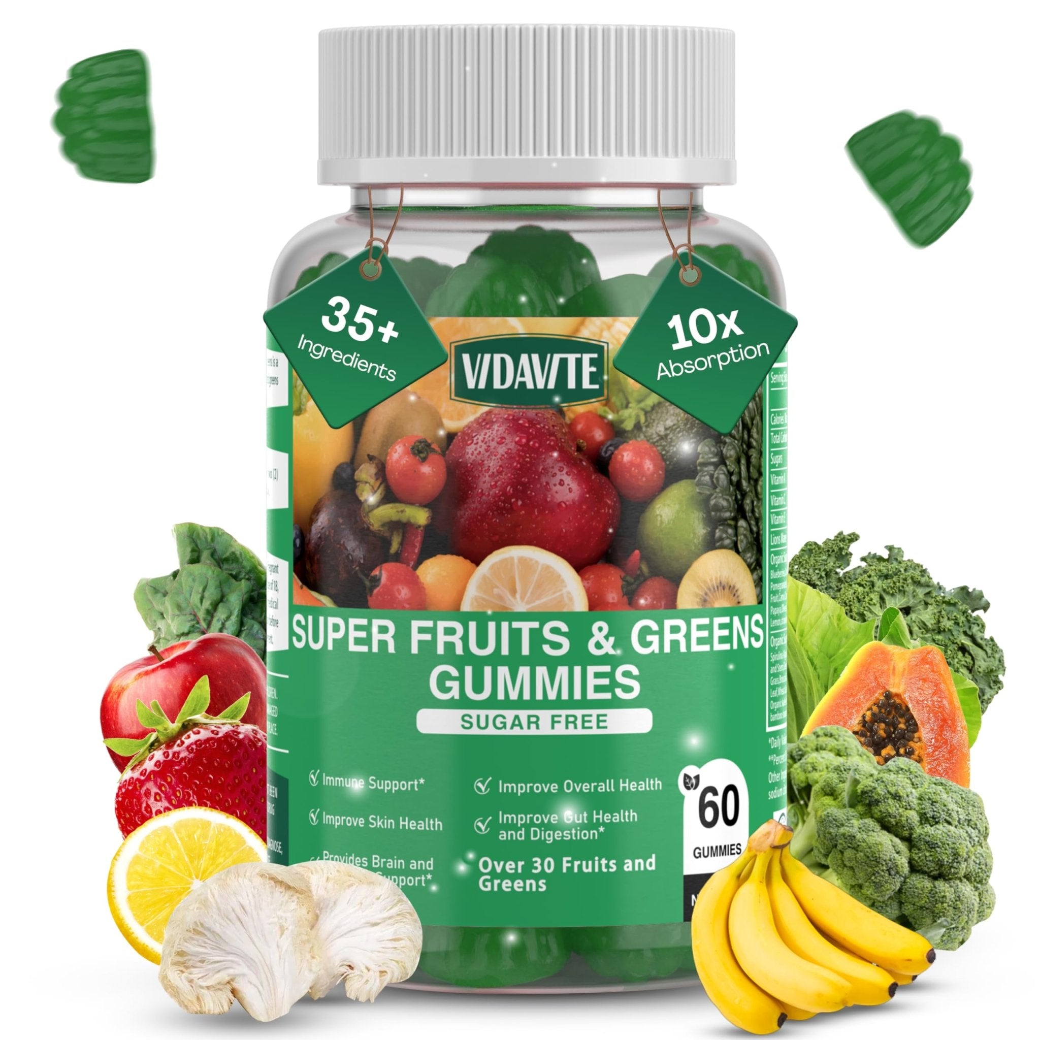 VIDAVITE Sugar-free Super Greens Gummies — US-Made, 35+ Fruit and Veggie gummies to Boost Immunity, Skin & Gut Health — Ideal Fruits and Vegetables Supplement - TrustMedUSA