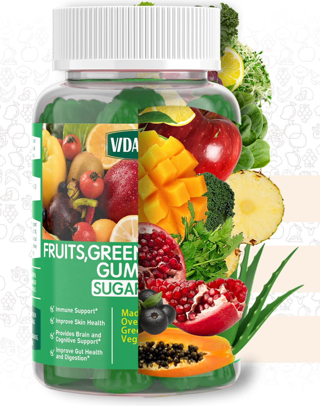 VIDAVITE Sugar-free Super Greens Gummies — US-Made, 35+ Fruit and Veggie gummies to Boost Immunity, Skin & Gut Health — Ideal Fruits and Vegetables Supplement - TrustMedUSA