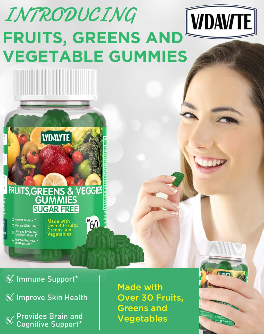 VIDAVITE Sugar-free Super Greens Gummies — US-Made, 35+ Fruit and Veggie gummies to Boost Immunity, Skin & Gut Health — Ideal Fruits and Vegetables Supplement - TrustMedUSA