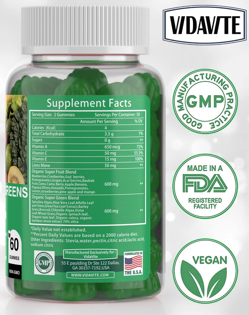 VIDAVITE Sugar-free Super Greens Gummies — US-Made, 35+ Fruit and Veggie gummies to Boost Immunity, Skin & Gut Health — Ideal Fruits and Vegetables Supplement - TrustMedUSA