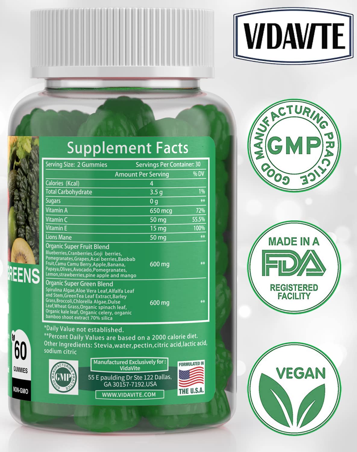 VIDAVITE Sugar-free Super Greens Gummies — US-Made, 35+ Fruit and Veggie gummies to Boost Immunity, Skin & Gut Health — Ideal Fruits and Vegetables Supplement - TrustMedUSA