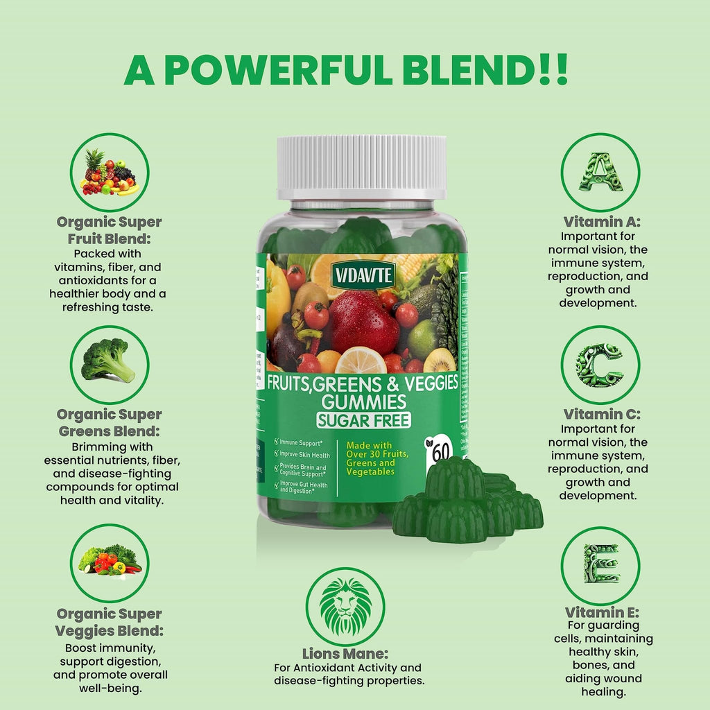 VIDAVITE Sugar-free Super Greens Gummies — US-Made, 35+ Fruit and Veggie gummies to Boost Immunity, Skin & Gut Health — Ideal Fruits and Vegetables Supplement - TrustMedUSA