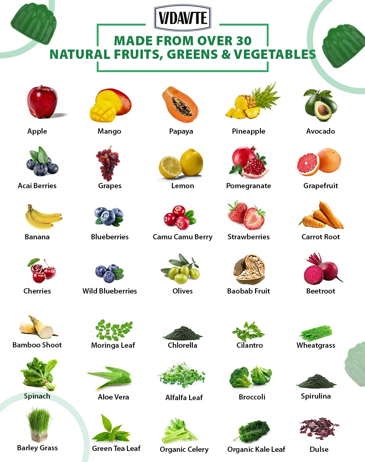 VIDAVITE Sugar-free Super Greens Gummies — US-Made, 35+ Fruit and Veggie gummies to Boost Immunity, Skin & Gut Health — Ideal Fruits and Vegetables Supplement - TrustMedUSA